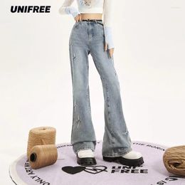 Women's Jeans UNIFREE Star Embroidery Sweet Streetwear Slim Flare Pants Fashion Sexy High Street Vintage Wash