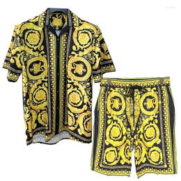 Men's Tracksuits Top Quality Baroque Black Gold Print Shirt Hip Hop Beach Shorts Men Summer Casual Short Sleeve Set Button Down