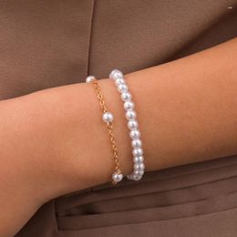 Link Bracelets Stylish And Minimalist Imitation Pearl Double Layer Alloy Adjustable Bracelet Jewelry Gift Clothing Accessories