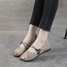 Casual Shoes 2024 Spring Ethnic Style Retro Leather Handmade Square Toe Increased Thick-soled Women's Single Layer Cowhide