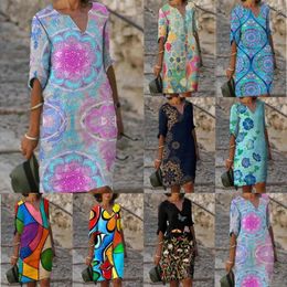Casual Dresses Women Summer Dress V Neck Geometry Half Sleeve Floral Print Mini Vestidos YSX9223