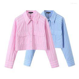 Women's Blouses YENKYE Women Striped Crop Shirt Blouse Front Patch Pockets Long Sleeve Streetwear Ropa De Mujer