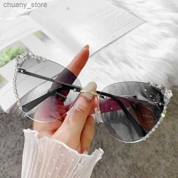 Sunglasses Rimless Cat Eye Sunglasses for Women Luxury Rhinestone Vintage Sun Glasses Diamond Fashion Eyeglasses Pink Shades Gafas De Sol Y240416