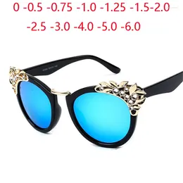 Sunglasses Blue Lens Cat Eye Myopia With Prescription Fashion Inlaid Rhinestone Polarized Sun Glasses For Women -0.5 -0.75 To -6
