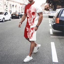 Men's Tracksuits 3D Skull Flower Print Patchwork Casual Short Sleeve Set Street Baseball Jersey Summer T-Shirt And Shorts