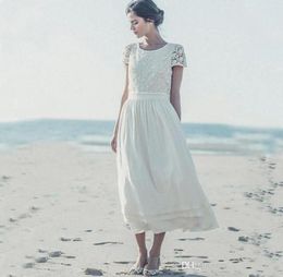Laure de Sagazan Short Beach Bohemia 2019 New Bride Wedding Dresses Lace Chiffon Cap Sleeves Tea Length Bridal Gowns robe de marie1952613