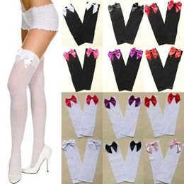 Sexy Socks 1 Pair Womens Sexy Thigh-High Bow Stockings Cosplay Long Japanese Style Soft Breathable Black White Stocking Pantyhose Gift 240416