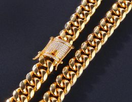 18k Gold Plated Tone Stainless Steel Mens Necklace Chains Curb Cuban Link Chain with Diamond Iced Out Keylock Buckle Hip Hop Fashi5430140