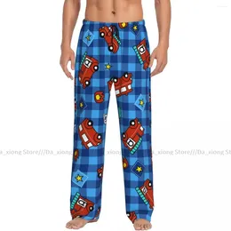 Men's Sleepwear Mens Casual Pyjama Long Pant Loose Elastic Waistband Fire Truck On Plaid Cosy Home Lounge Pants