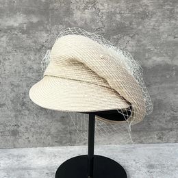 Visors Elegant Mesh Pearl Beret Sboy Hat Japanese Pleated Cap Women's Summer Outing Sun-protected Straw Niche Equestrian