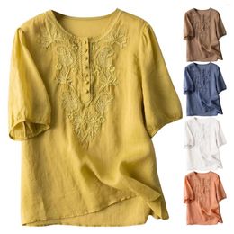 Women's Blouses Retro Loose Design Embroidery Round Neck Thin Cotton Linen Top Packs Tunic