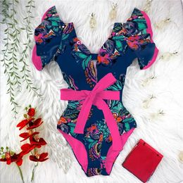 2024 Print Sexy Swimsuit Women Swimwear Push Up Monokini Ruffle Swim Suit Bathing Suit Summer Beach Wear Female 240315