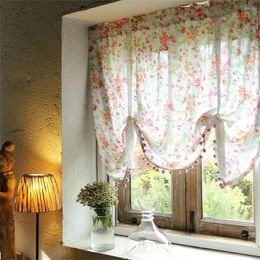 Curtain 1 PCS Pastoral Tulle Window Roman Floral Print Sheer For Kitchen Living Room Bedroom Balloon With Tassel