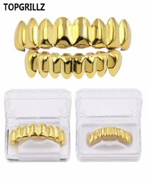 TOPGRILLZ Hip Hop Grills Set Gold Finish Eight 8 Top Teeth 8 Bottom Tooth Plain Clown Halloween Party Jewelry3089479