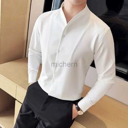 Men's Casual Shirts High-Grade Sexy V-neck Shirt Mens Long-Sleeved Design Sense Collarless Seamless Stand-up Collar White 240416