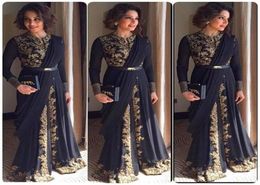 Plus Size Gold Appliques Muslim Evening Dresses Long Sleeve African Formal Party Gowns Black Chiffon Beaded Dubai Kaftan Prom Robe1469390