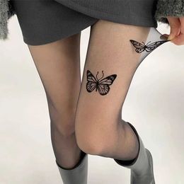 RCIY Sexy Socks Sexy Butterfly Tights Vintage Y2K Fake Tattoo Butterfly Black Transparent Silk Pantyhose Women Lolita Summer Ultra-thin Stocking 240416