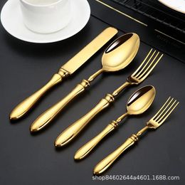 Dinnerware Sets 5PCS Upscale Thickened Oval Handle Western Tableware 304 Stainless Steel Knife Fork Spoon And Shell Natural Colour Gold.