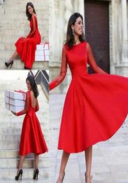 New Sheer Long Sleeves Backless Prom Dresses Simple Tea Length Short Red Evening Dress Cheap Formal Party Gowns Special Occasion D6500915