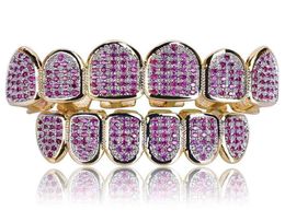 Hip Hop Iced Out Purple CZ Micro Pave Top Bottom Custom Grillz Set Rhodium Teeth Grills4198758