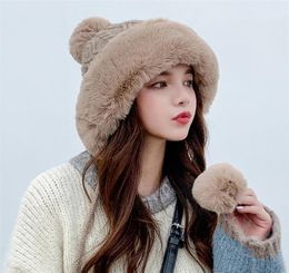 BeanieSkull Caps Fashion Plush Pompom Thicken Hats For Women Girls Winter Warm With Earmuffs Windproof Snowproof Soft 2210137913696