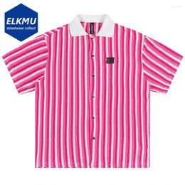 Men's Casual Shirts Fashion Striped Red Loose Short Sleeve Summer Male Button Up Blouse