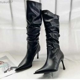 Boots Fashion Pointed Pleated High Barrel Boots Women Trendy Thin Heel Stacked Boots High Heel Knee High Long Barrel Boots 2024L2404