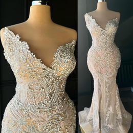 2024 Aso Ebi See Through Mermaid Prom Dress Beaded Crystals Lace Evening Formal Party Second Reception 50th Birthday Engagement Gowns Dresses Robe De Soiree ZJ323