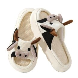 Women Milk Cow Linen Slippers Four Seasons Men Indoor Sandals Adults Cartoon Slides Couples Cute Breathable Home Shoes 240412