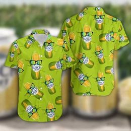 Men's Casual Shirts New Hawaii Mens Shirt Funny Corn Cartoon Print Green Tops Summer Vacation Beach Style US Size Cuban Collar 24416