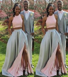 Fashion Two Pieces Prom Dresses Long Formal Two Tone Blush Pink Silver Evening Party Gowns with Sexy Split and Pockets8623897