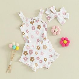 Clothing Sets Kids Baby Girls Summer Clothes Flower Print Sleeveless Rompers Jumpsuits With Shorts Hairband Holiday Beach Outfits