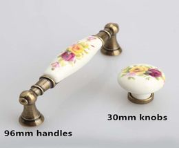 96mm peony porcelain pull handle rural ceramic drawer cabinet knobs bronze dresser retro fashion furniture handles knob9629402