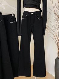 Women's Jeans 2024 Fashion Black Denim Pants Women Rivet Punk Design High Waist Slim Bell Bottoms Female Y2K Streetwear Vintage Gothic