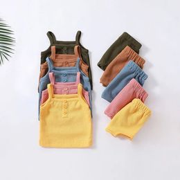 Baby Kids Summer Clothes Sets Waffle Cotton Suits Sleeveless Top and Bottom Boys and Girls Outfits 240416
