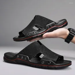 Slippers Big Size 39-48 Men Leather Summer Outside Sandals Lightweight Soft Sole Beach Casual Slide Mens Shoes