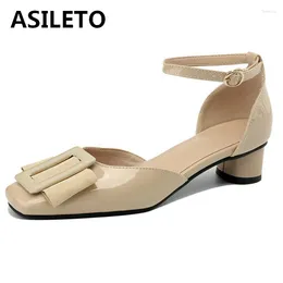 Sandals ASILETO Women Pumps Square Toe 3.5cm Round Heel Buckle Elegant Dress Office Metal Patent Leather Big Size 40 41 42 43 Beige