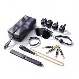 Luxury Portable BDSM Bondage Set Leather Handcuffs Collar Mouth Gag Eye Mask Sex Toys For Women Couples Adult Games Include Bag 240412