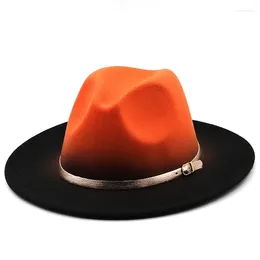 Berets Gradient Tie Dyed Women Unisex Panama Wool Felt Fedora Hats Ladies Wide Brim Party Trilby Cowboy Hat Fashion Jazz Cap Gold Belt