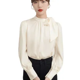 Women's Blouses Elegant Spring Bow Satin Silk Women Shirt Blouse Long Sleeve Fashion Korean Office Ladies Work Basic Female Tops 5XL 6XL