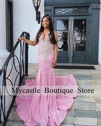 Party Dresses Luxury Rhinestones Pink Sequins Prom 2024 Black Girls Diamond Mermaid Evening Gown Gala Gowns Robes