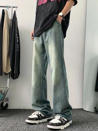 Men's Jeans 2024 Summer Flare Korean Fashion High Street Retro Blue Wide Leg Casual Denim Pants Straight Baggy Jean Trousers