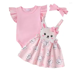 Clothing Sets Baby Girls Easter 3PCS Pink Short Sleeve Romper Print Suspender Skirt Headband
