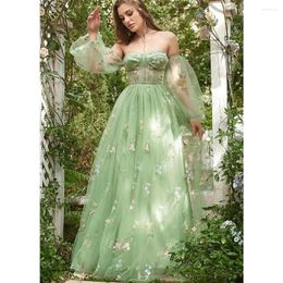Party Dresses Fairy Forest Green Prom Dress Long Puffy Sleeves Sweetheart Floor Length A Line Flowers Tulle Sweet Evening Vestidos