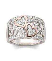 Romantic Rose Gold Color Double Heart Rings for Women Fashion Full Zircon Wedding Band Finger Rings Charming Women Party Jewelry5534003