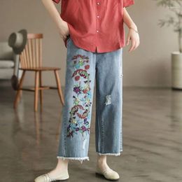 Women's Jeans Blue Trousers Straight Leg Pipe Embroidered High Waist S Pants For Women Cropped And Capris Womens With Pockets Pant Z