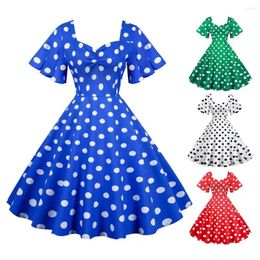 Casual Dresses Women Evening Dress Retro Color Matching Dot Print A-line V Neck Big Swing Short Ruffle Sleeves Tight High Waist Back Zipper