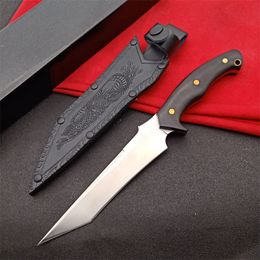 238 Survival Straight Knife DC53 Satin Tanto Point Blade Full Tang Ebony Handle Fixed Blade Tactical Knives Leather Sheath