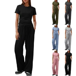 Women's Tracksuits Women 2 Piece Casual Suit Pleated Short Sleeve Top And High Waisted Wide Leg Pants Tracksuit Set Formal Pant Suits For