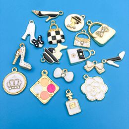 Mix 16pcsSet Cartoon High Heeled Lipstick Handbag Shaped Enamel Dripping Oil Jewellery Charms Pendants for DIY Necklace Bracelet 240408